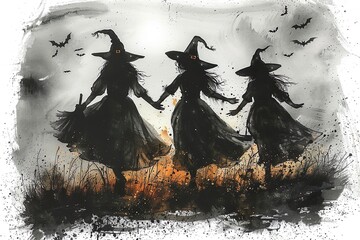 Halloween greeting card : Cute witch ,witch hat,witch's wand,witch castle, spider web , grave with copy space on white background