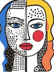 Obraz premium This artwork features a woman with a split design, displaying vivid colors, intricate patterns, and striking facial features