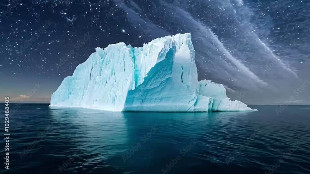 Poster massive iceberg is floating on a calm ocean under a starry night sky, with clouds adding to the dram