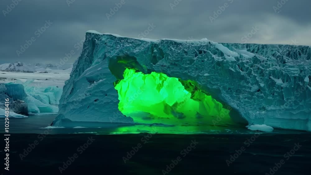 Poster iceberg floats in the arctic ocean, glowing green from within at dusk. the snowy landscape of the ar
