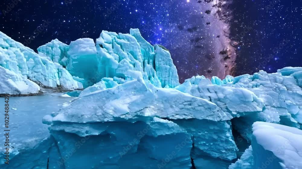 Poster giant iceberg is floating in blue water with a starry sky and the milky way in the background. the i