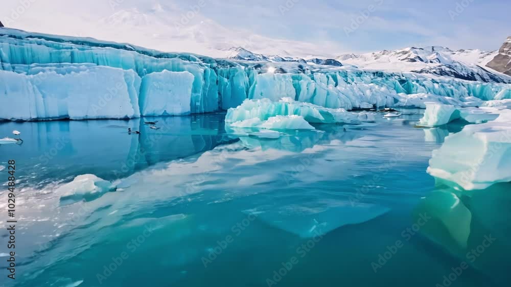 Poster capturing the essence of the arctic wilderness. the image shows a massive wall of ice reflecting in 