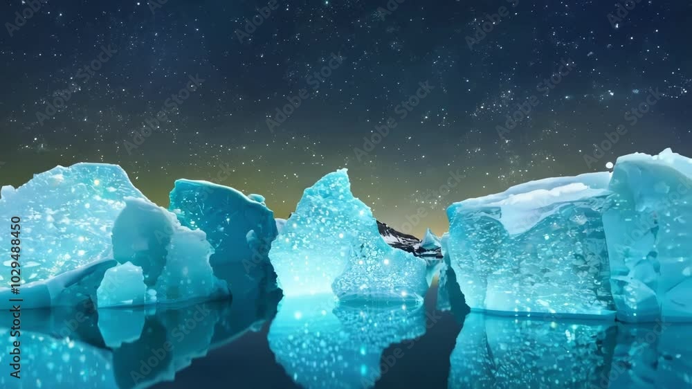 Poster icebergs floating in calm water with a starry sky and the milky way in the background, creating a ma