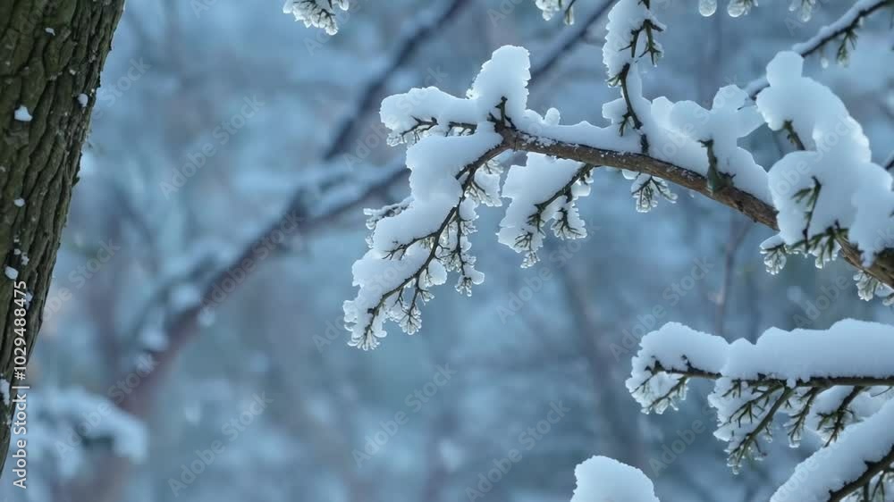 Poster Snow covered tree branches in a winter forest, creating a serene scene with glistening frost and ice under a clear blue sky. Enjoy the tranquility of this snowy environment