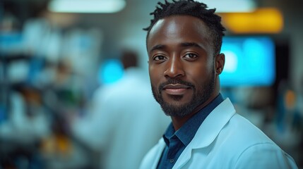 Fototapeta premium African American Pharmaceutical Doctor in white Medical coat with copy space area