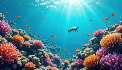 Obraz premium A vivid image of a vibrAt coral reef teeming with colorful marine life, including schools of fish, sea turtles, Ad intricate coral formations in crystal-clear waters.