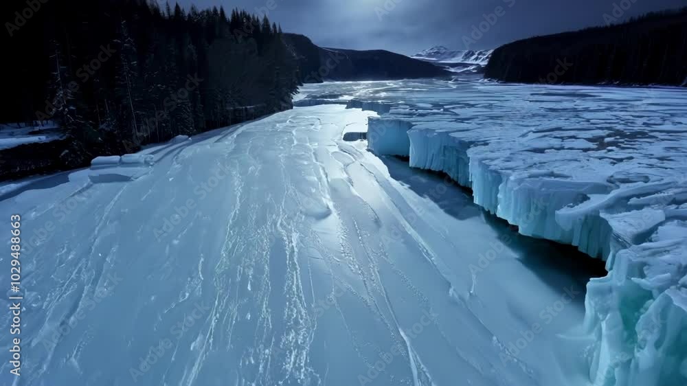Poster sun reflecting on frozen river, flowing between ice formations, snowy forest in background. serene w