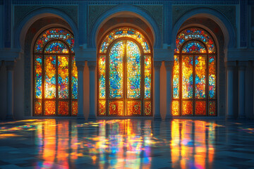 A large room with three stained glass windows. The windows are colorful and the room is very bright