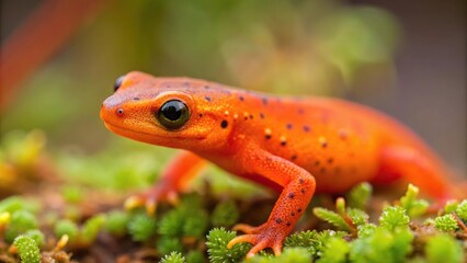 Fototapeta premium Tiny eastern red spotted newt passing by in front of blurred background