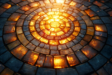 Fototapeta premium A mosaic of blue and yellow tiles with a sun shining on it. The sun is casting a warm glow on the tiles, creating a sense of warmth and comfort. The circular shape of the tiles