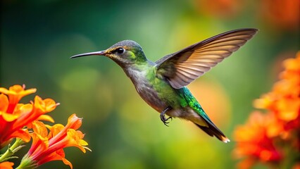 Fototapeta premium Tiny green hummingbird flying in front of an orange exotic flower Extreme Close-Up