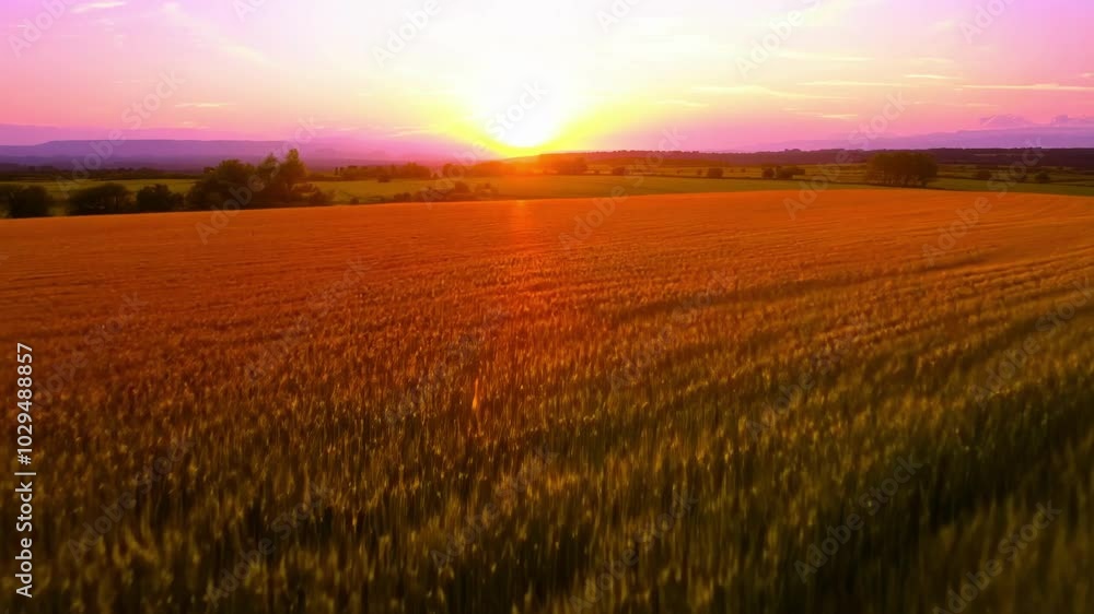 Poster the last rays of the setting sun are painting a wheat field in hues of orange and gold, creating a p