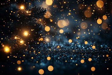 Obraz premium Abstract holiday bokeh background. Blurred lights of garland hanging on Christmas tree. Focus on foreground. Copy space for text and decorations.