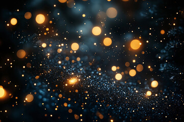 Fototapeta premium Abstract holiday bokeh background. Blurred lights of garland hanging on Christmas tree. Focus on foreground. Copy space for text and decorations.