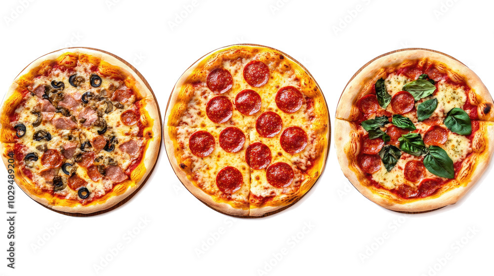 Poster collection of three different pizzas is displayed generative ai