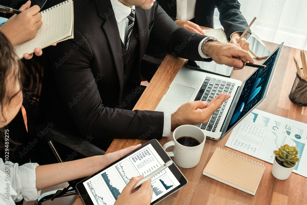 Poster financial data analysis dashboard by fintech bi or business intelligence display on laptop and table
