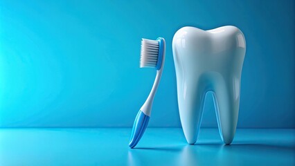 Tooth with toothpaste and toothbrush on blue background, tilted angle