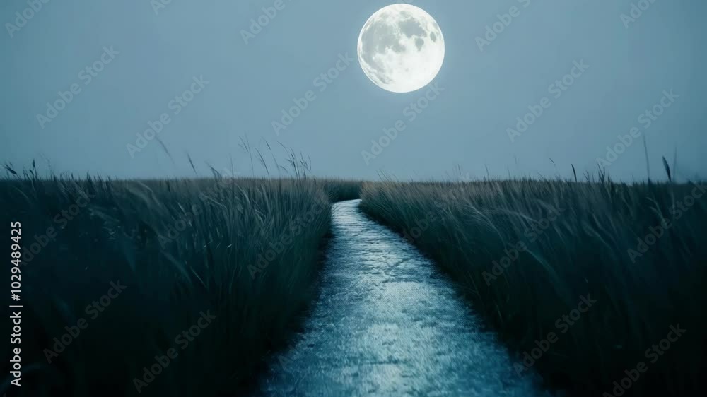 Poster Stream flows through a grass field under moonlight, creating a serene atmosphere. The water reflects the moon, casting a mystical glow on the tranquil landscape