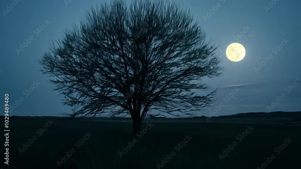 Poster lone tree is silhouetted against a bright full moon, creating a serene and mysterious atmosphere. th