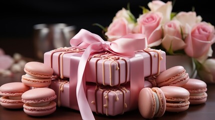 Elegant macarons in gift box with pink ribbon and roses, ideal for Mother's Day, Valentine's, or birthdays.