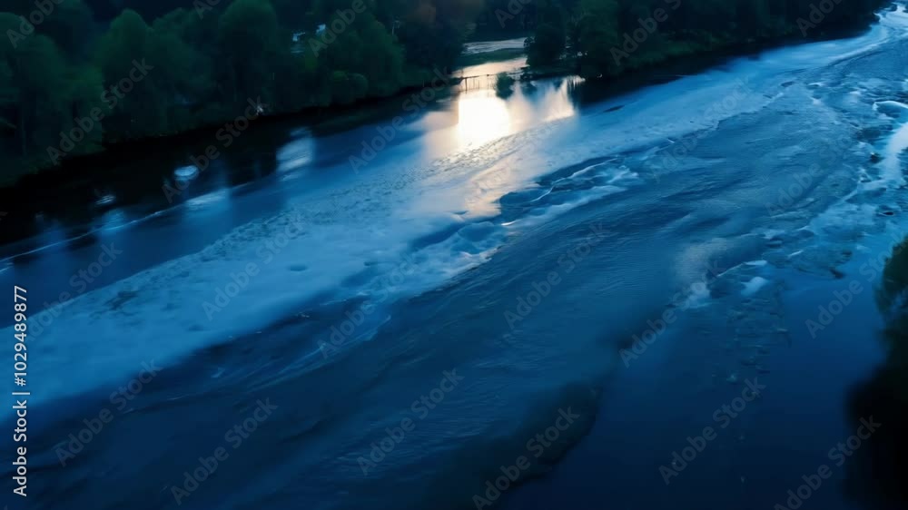 Poster aerial view of a river flowing through a valley at twilight, with the sun reflecting on the water an