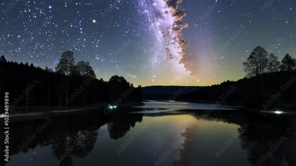 Poster breathtaking view of the milky way galaxy reflected on a lake surrounded by a forest, creating a mes