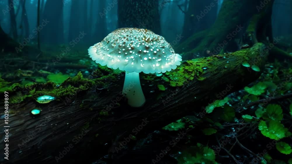 Aufkleber glowing mushroom with white dots is growing on a fallen log covered in moss in the middle of a dark 