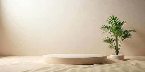 Minimalist beige platform podium with plant on white sand background for presentations