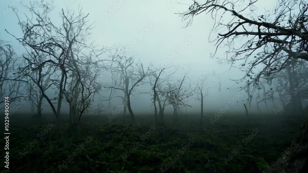 Poster bare trees in foggy forest create spooky halloween atmosphere with misty morning light and eerie col