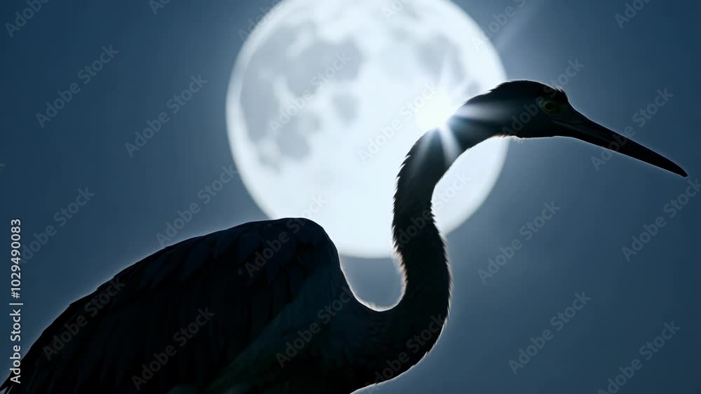 Poster blue heron is silhouetted against a bright full moon, creating a stunning contrast of light and shad