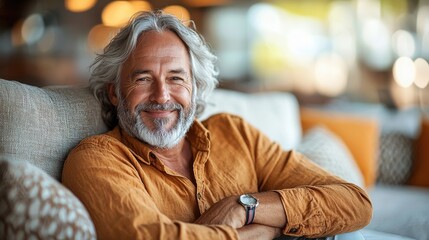 Fototapeta premium A smiling older man relaxes comfortably in a cozy living space with soft lighting and warm decor