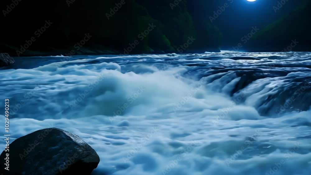 Poster Powerful river flows rapidly over rocks at night, illuminated by a bright full moon, creating a mystical and enchanting atmosphere