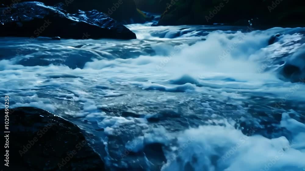 Poster powerful river is rushing through a rocky gorge at night, illuminated by the moon. the water is a de