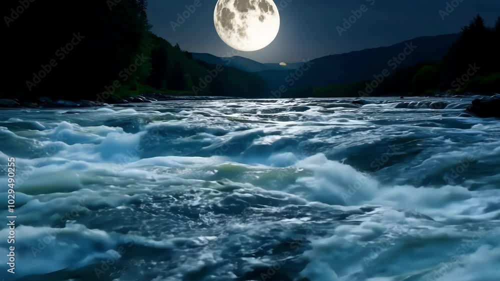Poster the full moon shines over a rushing river in a mountain landscape, creating a serene and tranquil sc