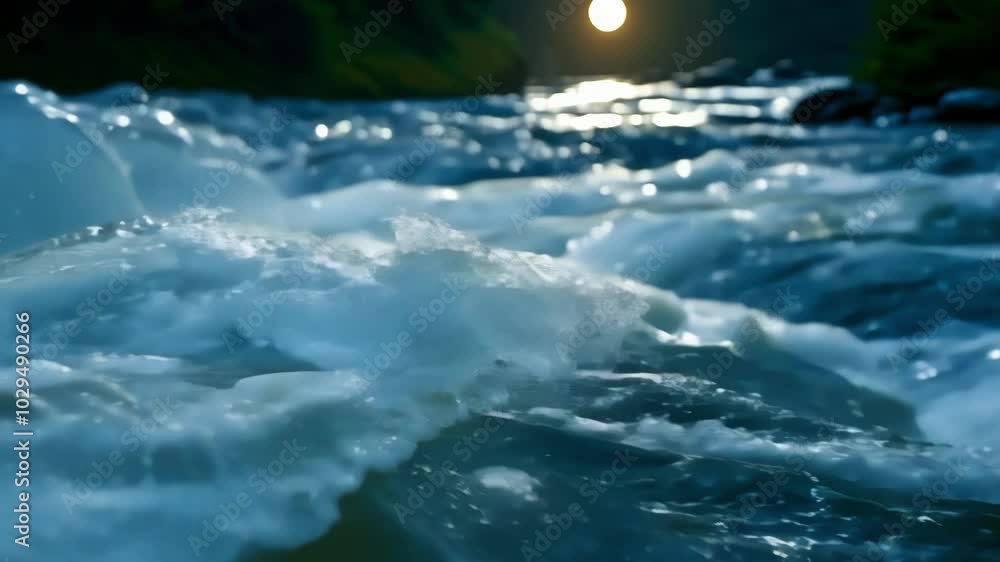 Aufkleber moonlit river flowing peacefully, creating mesmerizing foam patterns. gentle waves showcase nature's