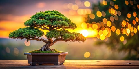 Tranquil Bonsai Tree at Sunset with Soft Bokeh Background