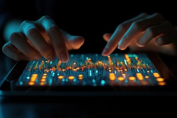 Hands interacting with a digital interface displaying data visualization.