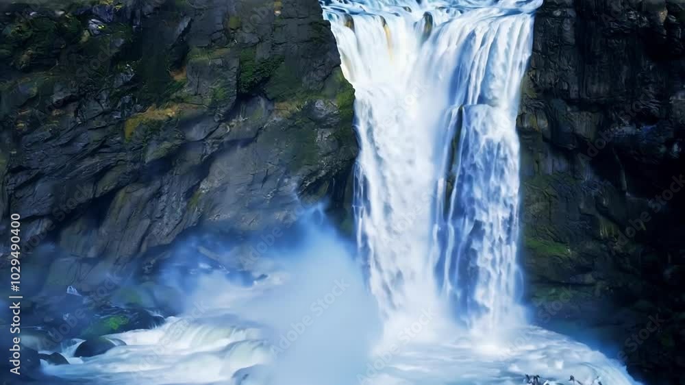 Poster stunning waterfall cascading down a mountain, creating rapids and mist, surrounded by lush greenery 