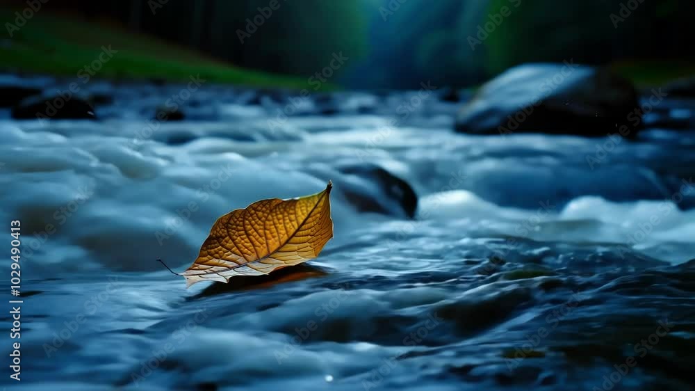 Aufkleber single dry leaf is being carried by the current of a river, creating a sense of serenity and peace. 