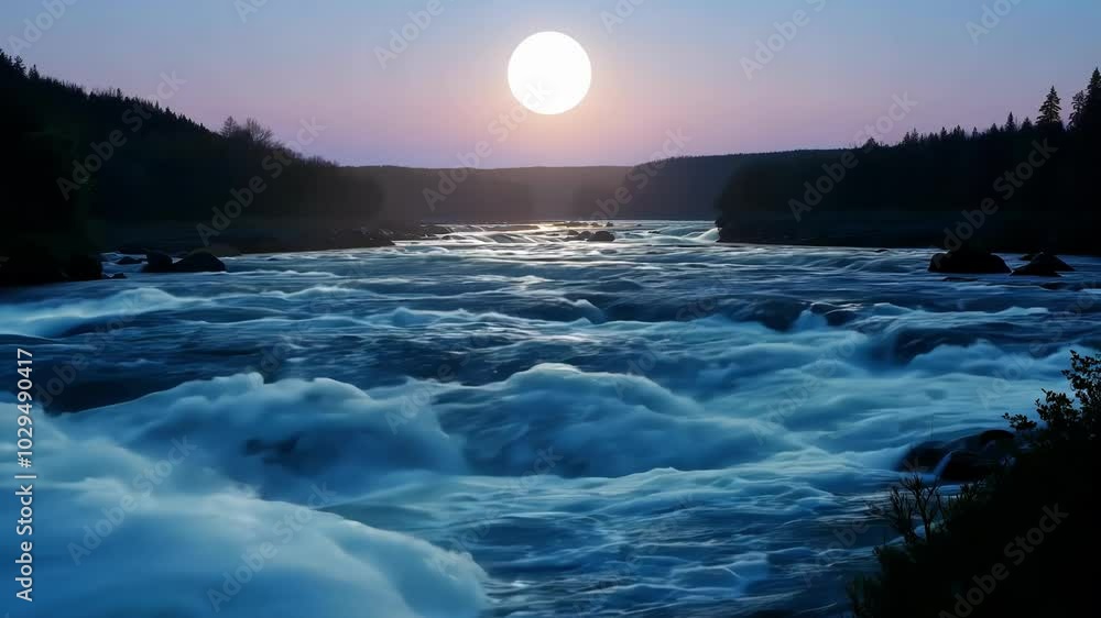 Poster river is rapidly flowing under a full moon at twilight with silhouettes of forests on each side. the