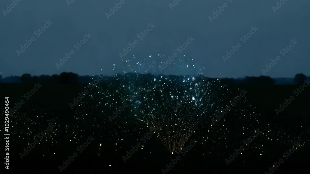 Aufkleber Hundreds of fireflies are lighting up a field at twilight, creating a magical and enchanting atmosphere. The fireflies' bioluminescence creates a mesmerizing spectacle against the darkening sky