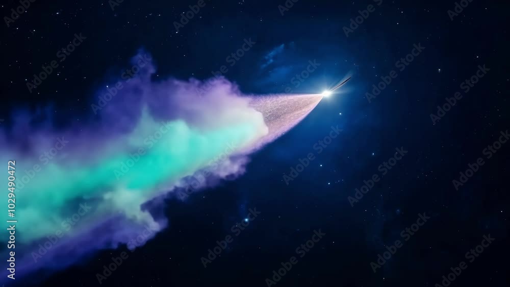 Poster Spaceship is launching into space leaving a green and purple trail of smoke. Stars are shining brightly in the background