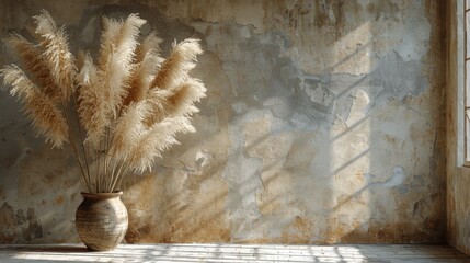 Soft light illuminating pampas grass by an aged wall at golden hour in a tranquil setting