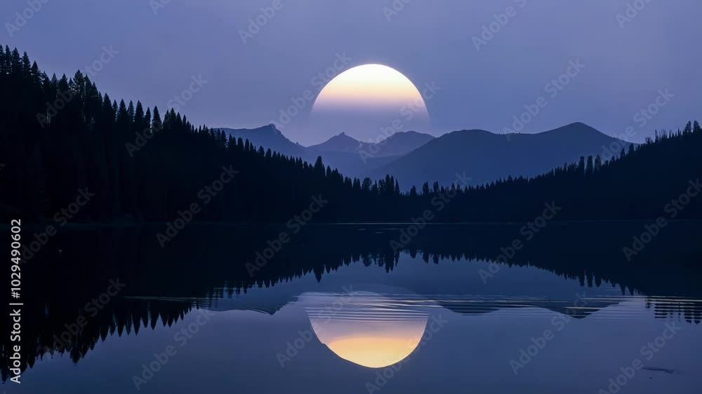 Poster Bright full moon is rising above a mountain range, casting a warm glow on the lake and creating a perfect reflection of the sky and forest