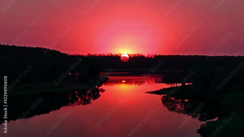 Poster serene lake at sunrise with a red sky reflected in calm waters, creating a peaceful landscape with c