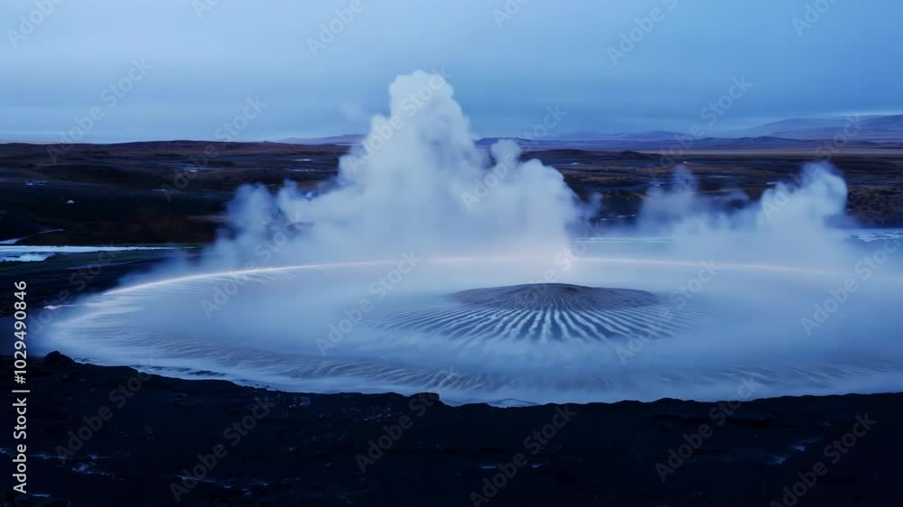 Poster Steam is rising from volcanic vents in a geothermal area, creating a mystical and otherworldly atmosphere as dusk sets in