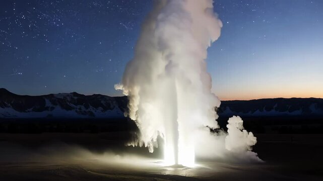 Witness a powerful geyser erupting under a twilight sky, with stars twinkling above snow capped mountains