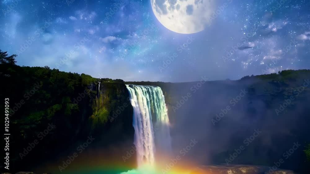 Poster stunning waterfall is cascading down a cliffside under a starry night sky with a full moon, creating
