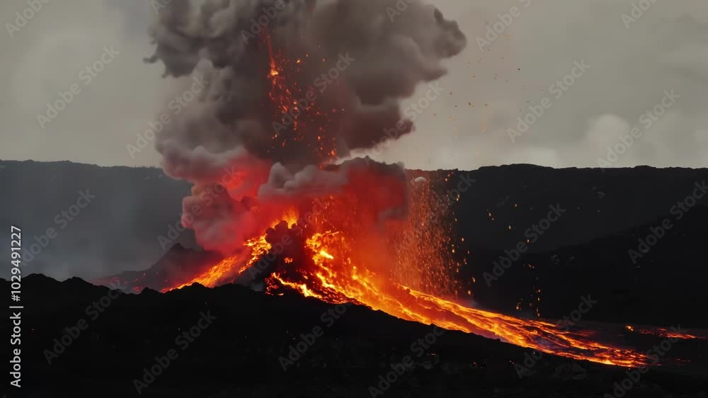 Poster Molten lava exploding from the crater of an active volcano, creating a massive ash cloud that rises into the sky. The raw power of nature is on full display