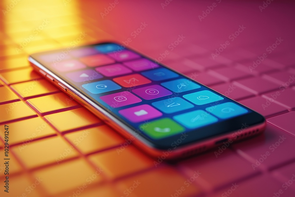 Poster a smartphone displaying colorful app icons on a vibrant tiled surface.